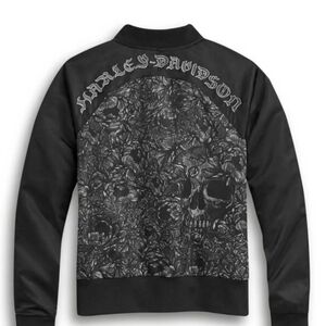 Harley-Davidson Black Bomber Jacket with Intricate Skull Graphic
